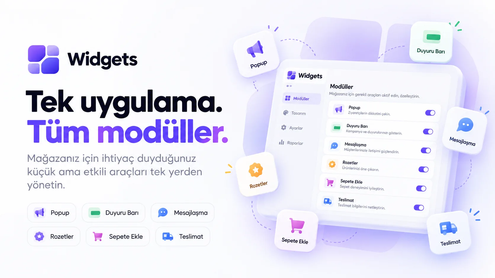 All-In-One Widgets modül paneli: popup, duyuru barı, rozetler, sepete ekle ve mesajlaşma modülleri