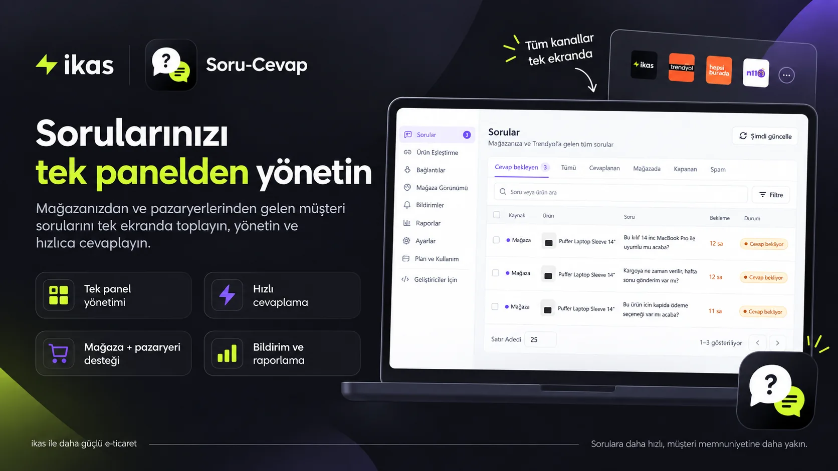 ikas Soru-Cevap panelinde mağazadan gelen ve cevap bekleyen müşteri soruları listesi